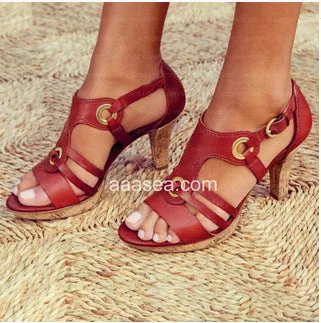 1950S Style Metal Decoration High Block Heel Round Head Fashionable Versatile Elegant Retro Sandal Heels