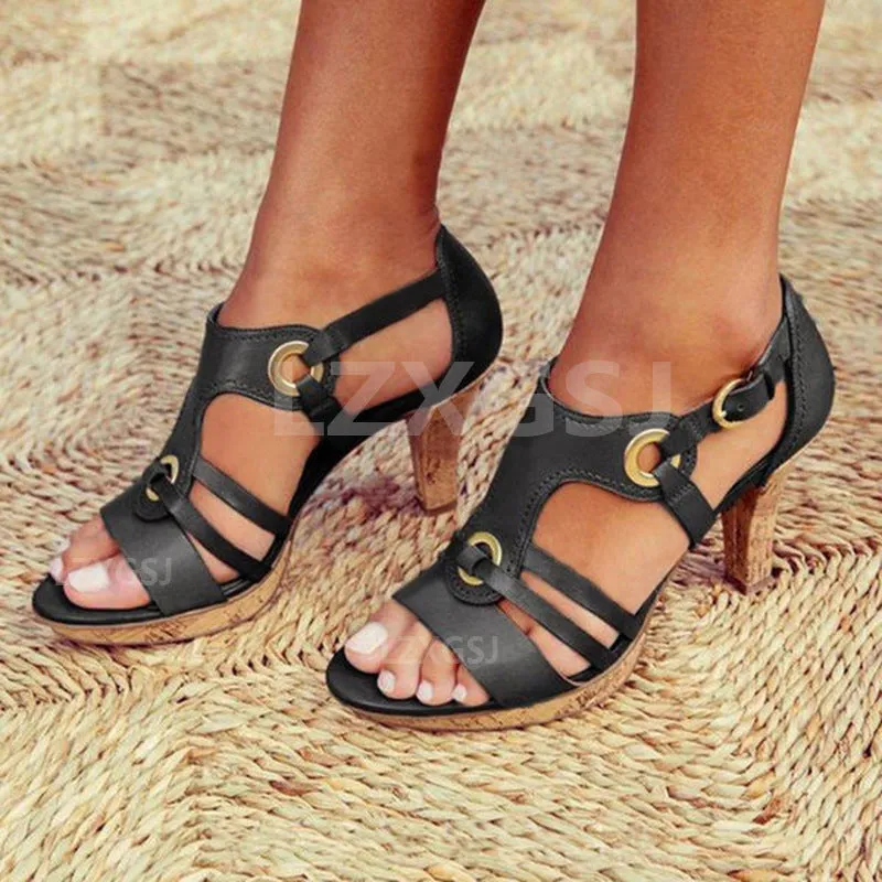 1950S Style Metal Decoration High Block Heel Round Head Fashionable Versatile Elegant Retro Sandal Heels