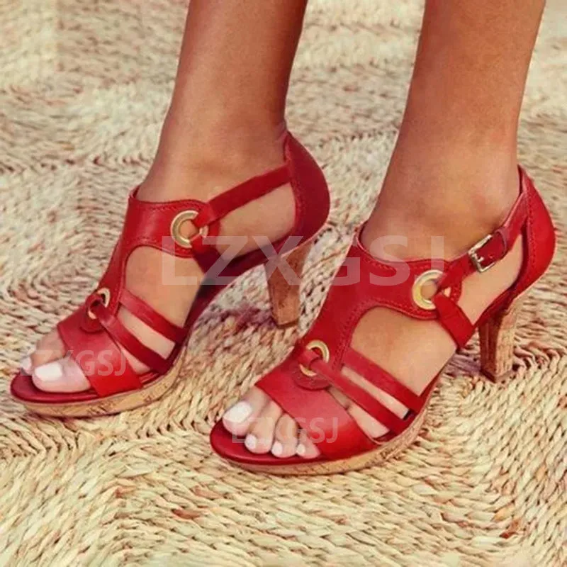 1950S Style Metal Decoration High Block Heel Round Head Fashionable Versatile Elegant Retro Sandal Heels
