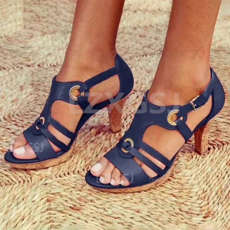 1950S Style Metal Decoration High Block Heel Round Head Fashionable Versatile Elegant Retro Sandal Heels