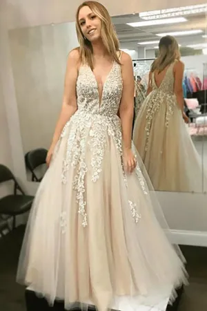 A-Line Deep V-Neck Sweep Train Champagne Tulle Backless Prom Dress with Appliques LRA47