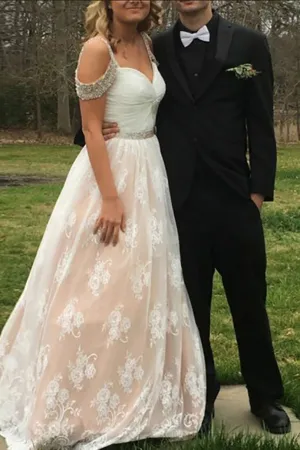 A-Line Square Sweep Train Cold Shoulder Champagne Lace Prom Dress with Beading LR94