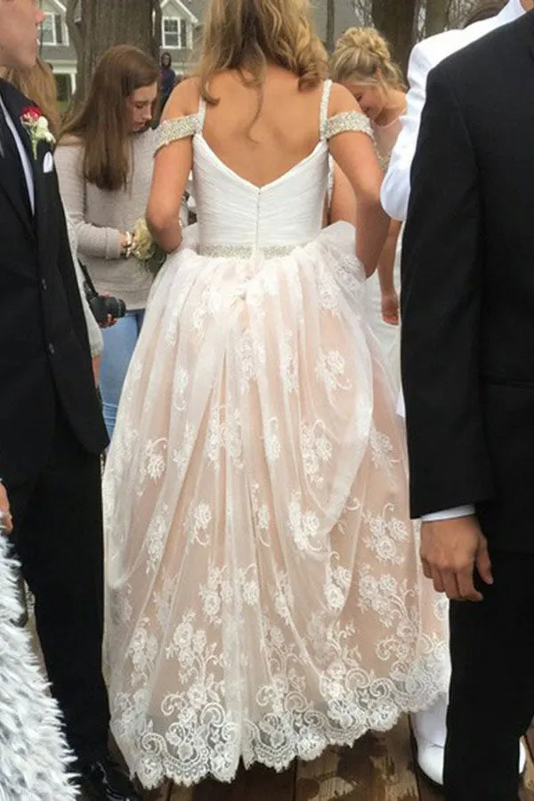 A-Line Square Sweep Train Cold Shoulder Champagne Lace Prom Dress with Beading LR94