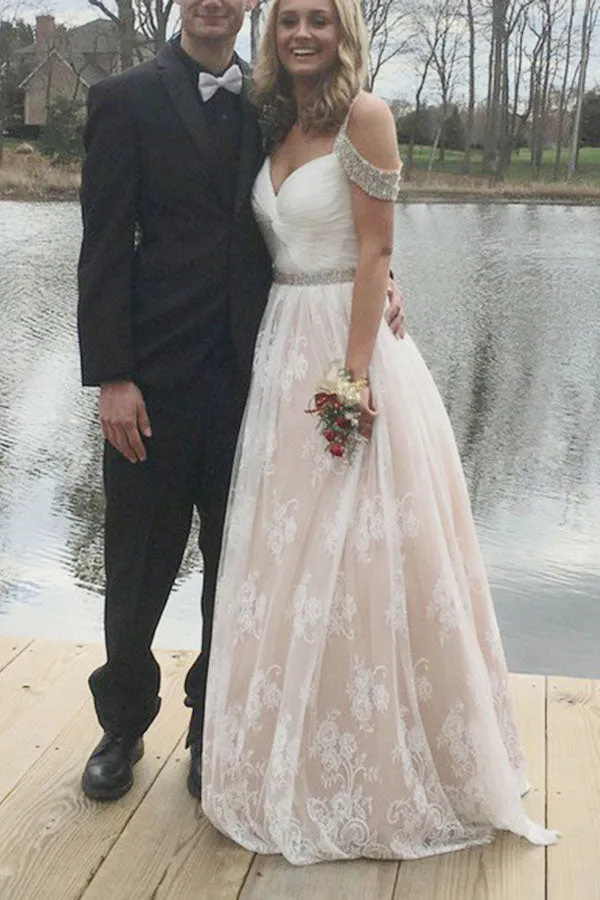 A-Line Square Sweep Train Cold Shoulder Champagne Lace Prom Dress with Beading LR94