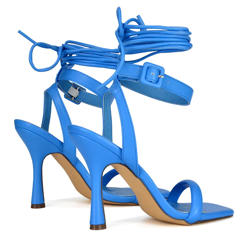 Althea Square Toe Lace up Strappy High Heel Sandals in White Synthetic Leather