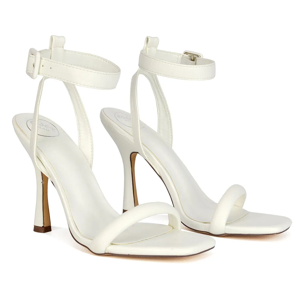 Althea Square Toe Lace up Strappy High Heel Sandals in White Synthetic Leather