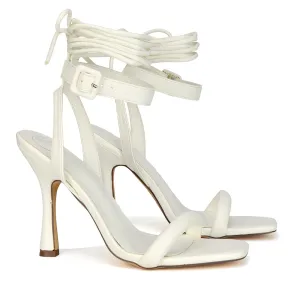 Althea Square Toe Lace up Strappy High Heel Sandals in White Synthetic Leather