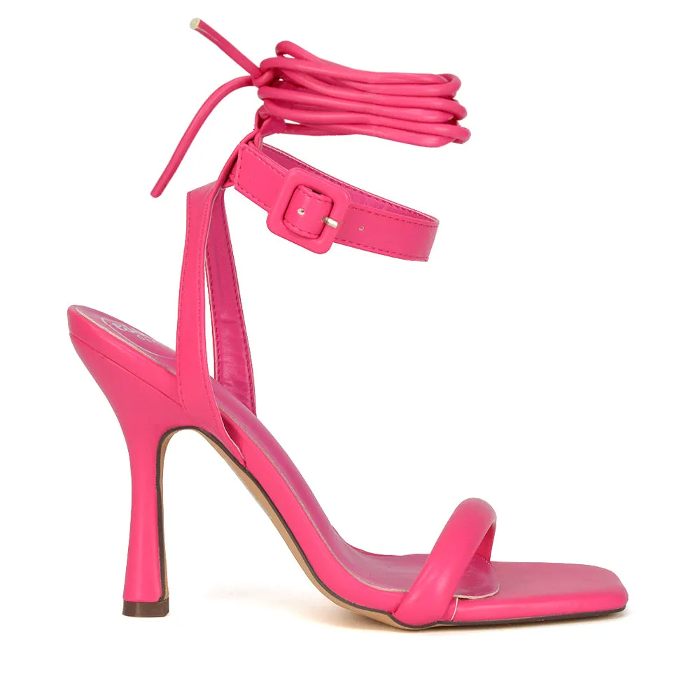 Althea Square Toe Lace up Strappy High Heel Sandals in White Synthetic Leather