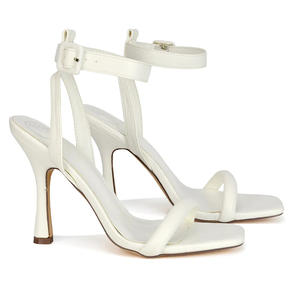Althea Square Toe Lace up Strappy High Heel Sandals in White Synthetic Leather
