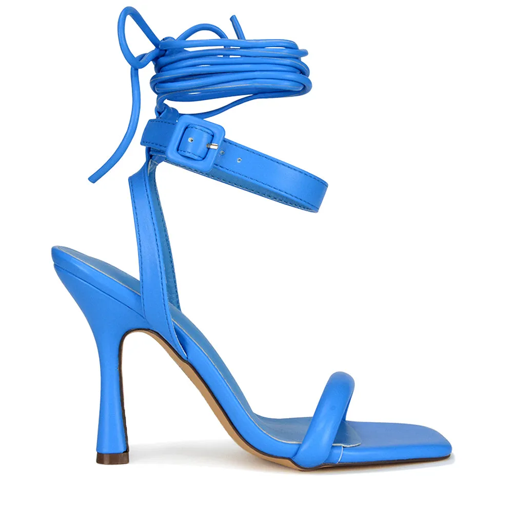 Althea Square Toe Lace up Strappy High Heel Sandals in White Synthetic Leather