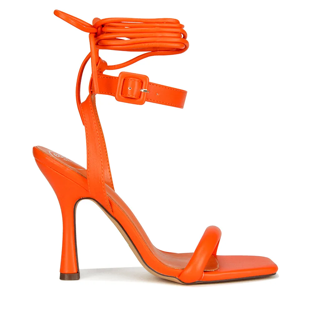 Althea Square Toe Lace up Strappy High Heel Sandals in White Synthetic Leather