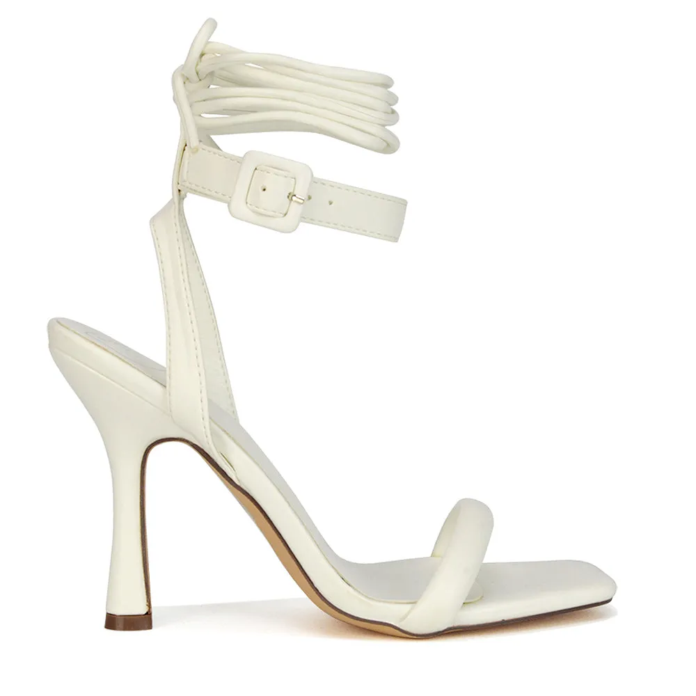Althea Square Toe Lace up Strappy High Heel Sandals in White Synthetic Leather