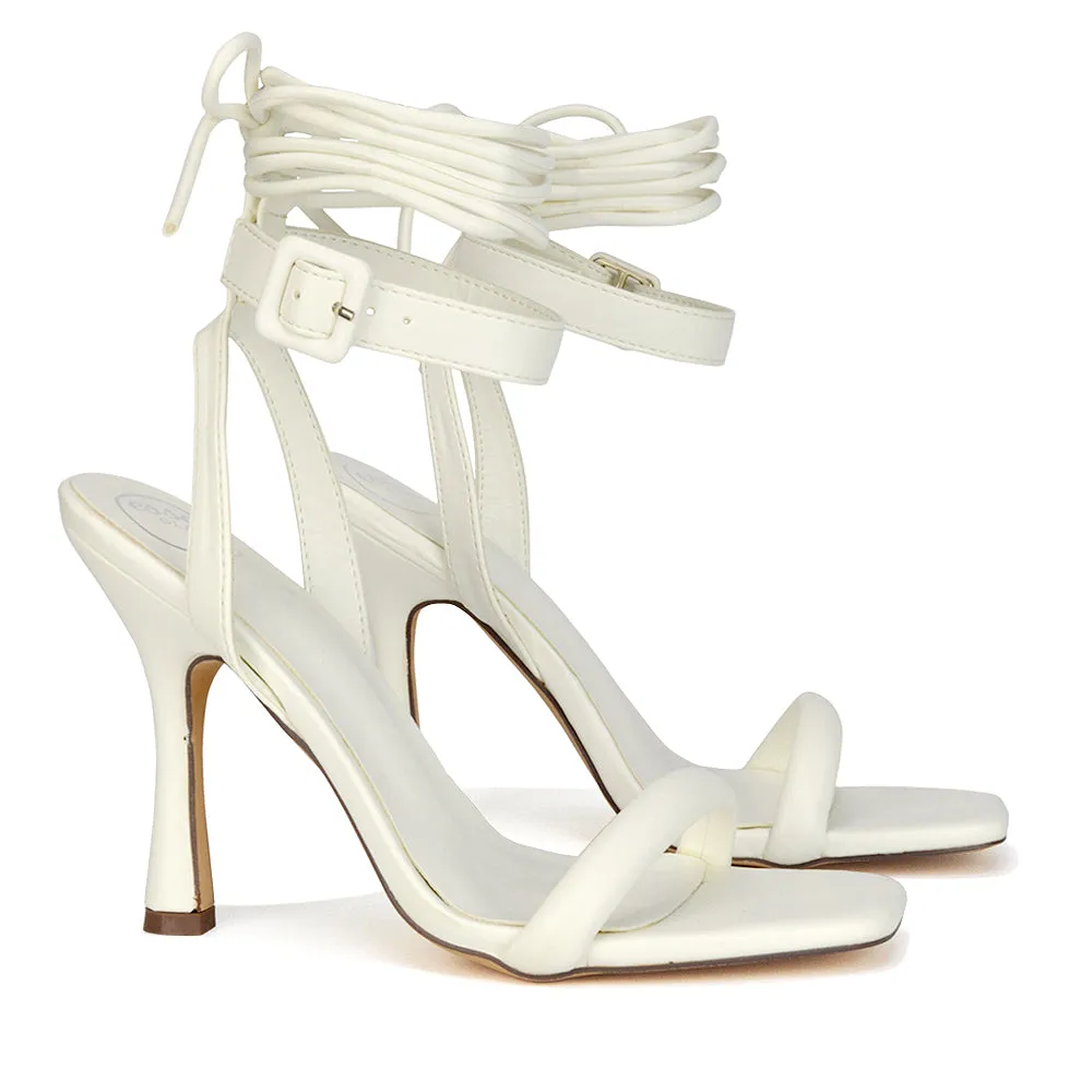 Althea Square Toe Lace up Strappy High Heel Sandals in White Synthetic Leather