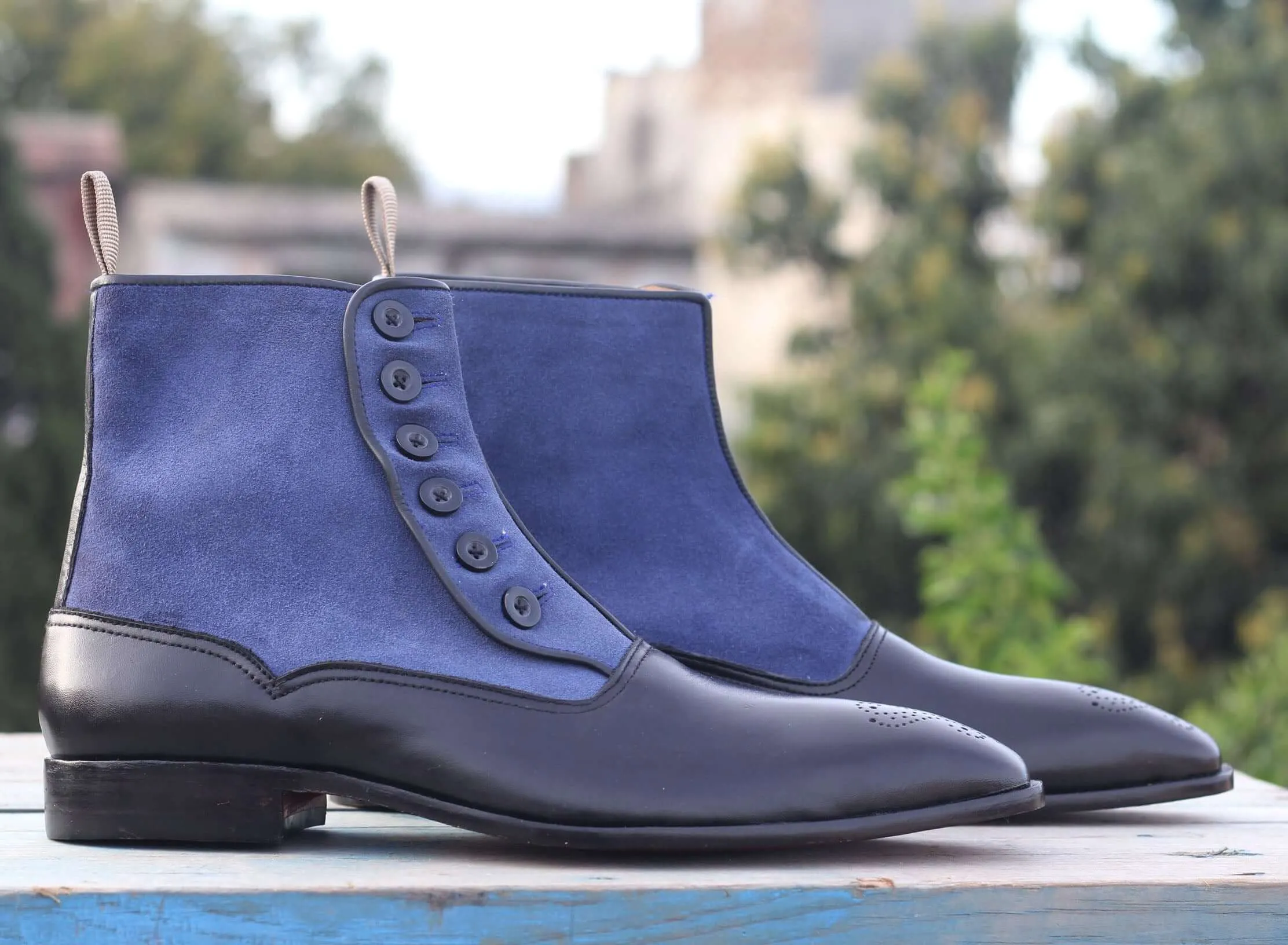 Ankle Black Blue Button Top Leather Suede Boots
