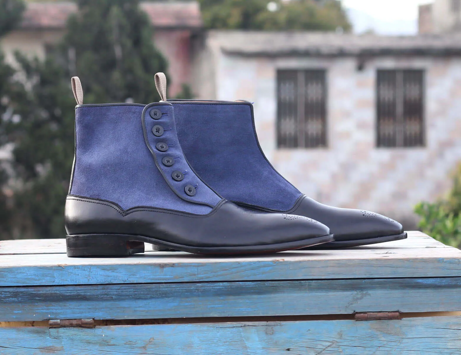 Ankle Black Blue Button Top Leather Suede Boots