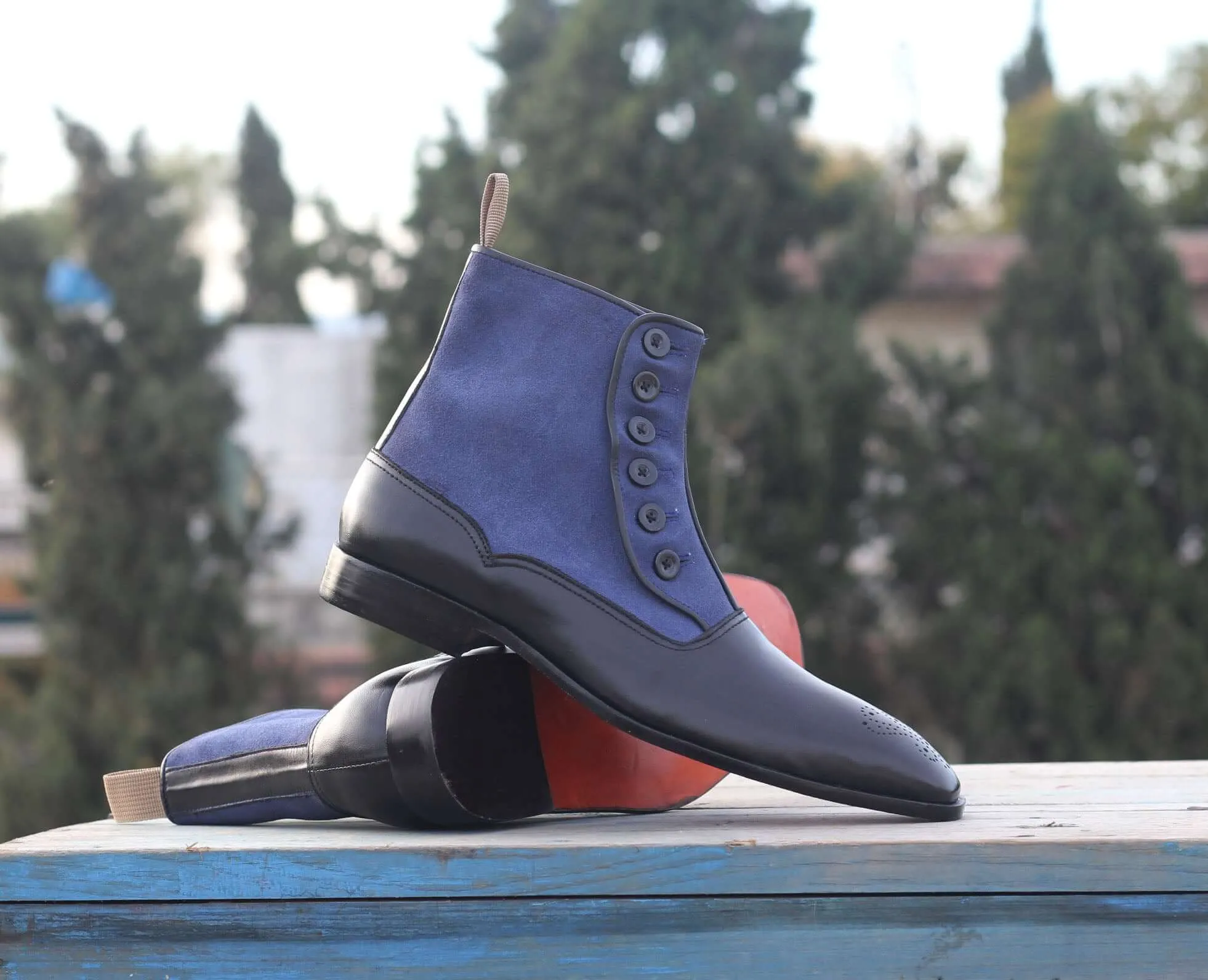 Ankle Black Blue Button Top Leather Suede Boots