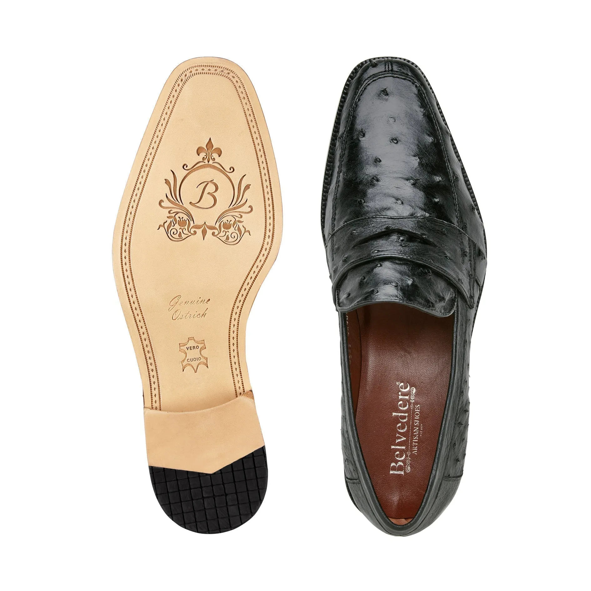 Belvedere Espada Men's Shoes Exotic Genuine Ostrich Split-Toe Penny Loafers (BV3153)