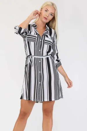 Black and White Striped Georgette Shirt Dress