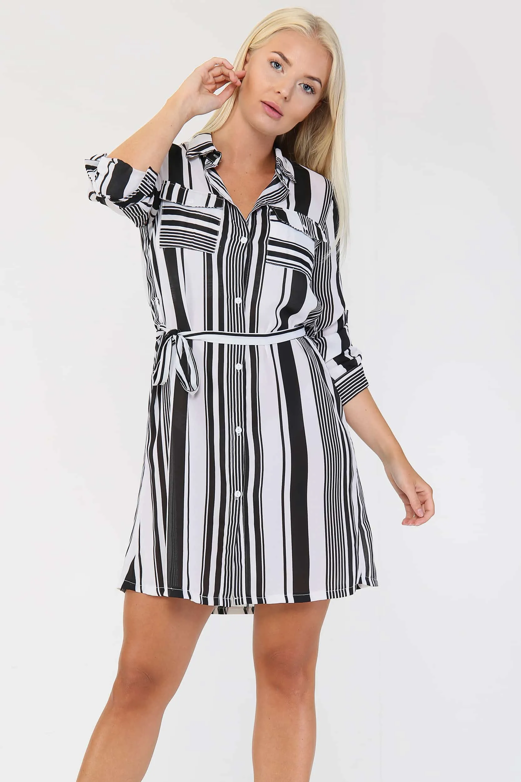 Black and White Striped Georgette Shirt Dress