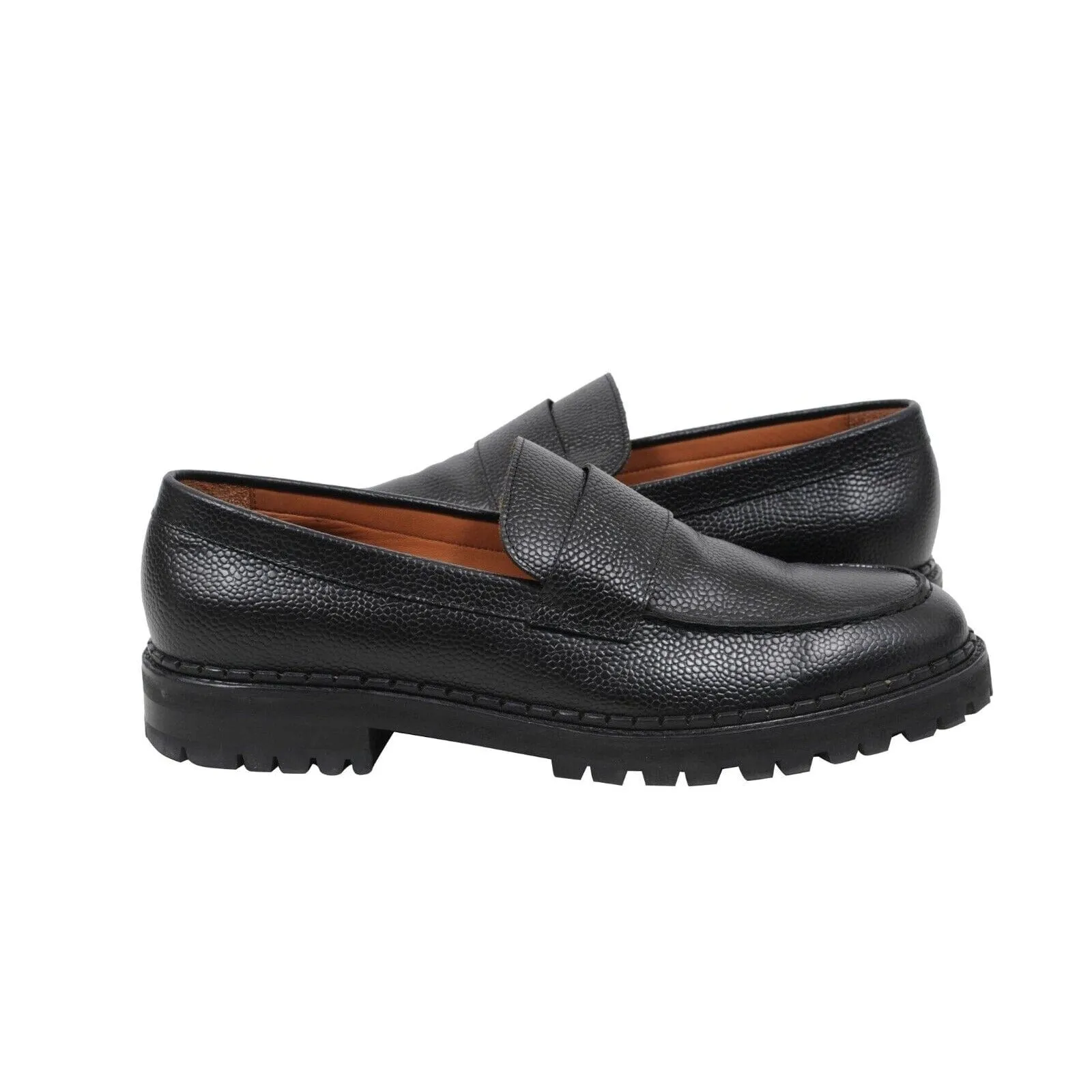 Black Grained Leather Chunky Derby Lug Sole Penny Loafers