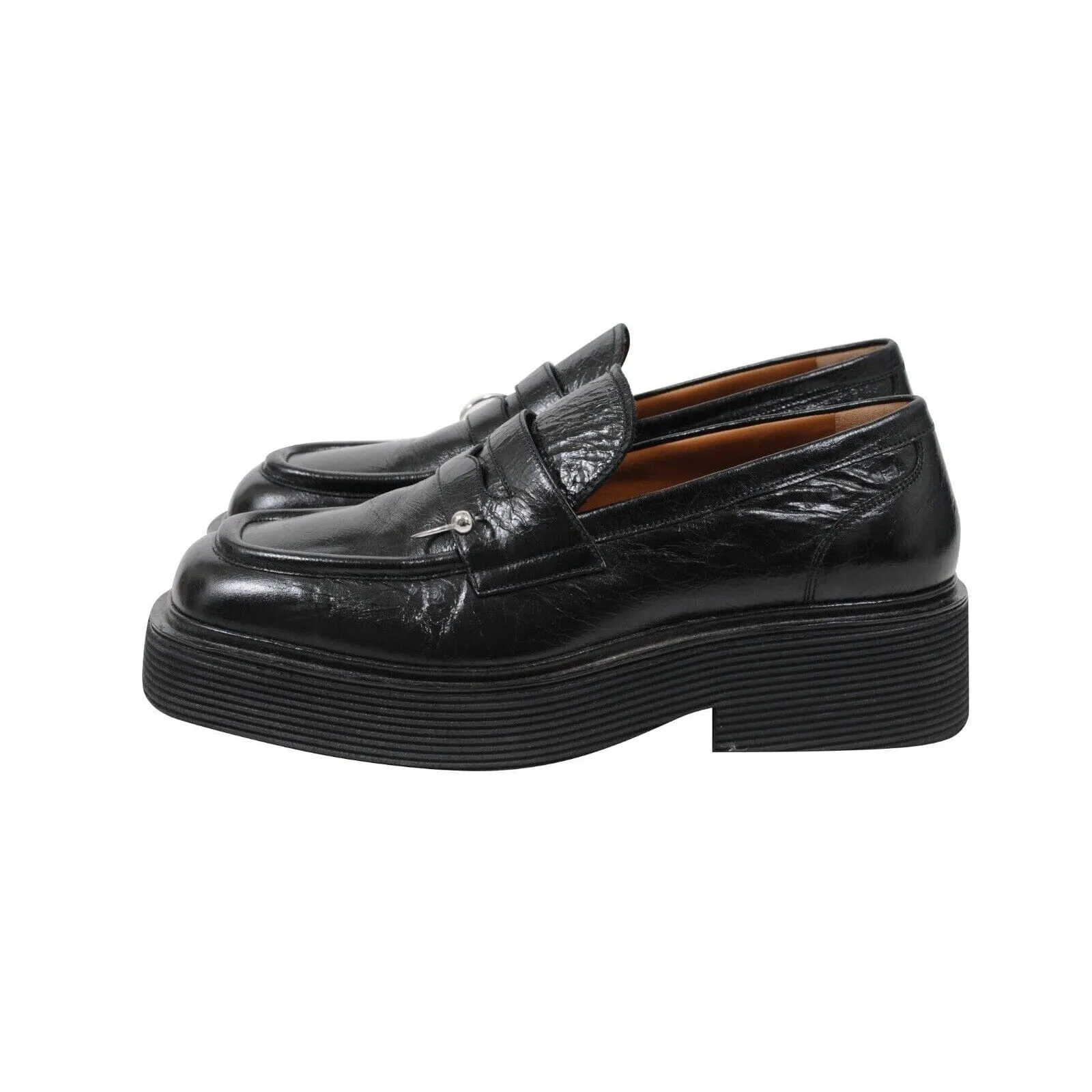 Black Leather Chunky O Ring Penny Loafers