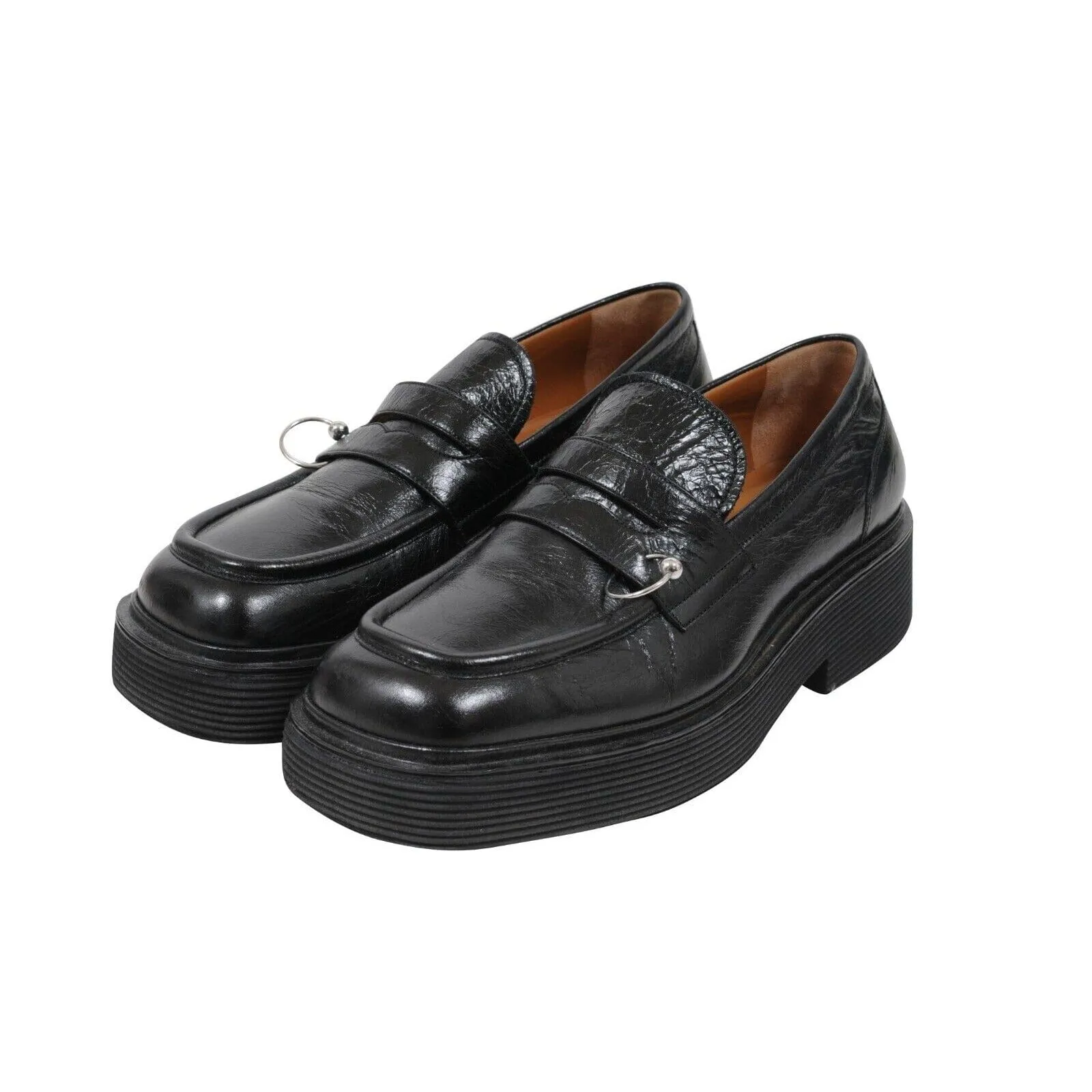 Black Leather Chunky O Ring Penny Loafers