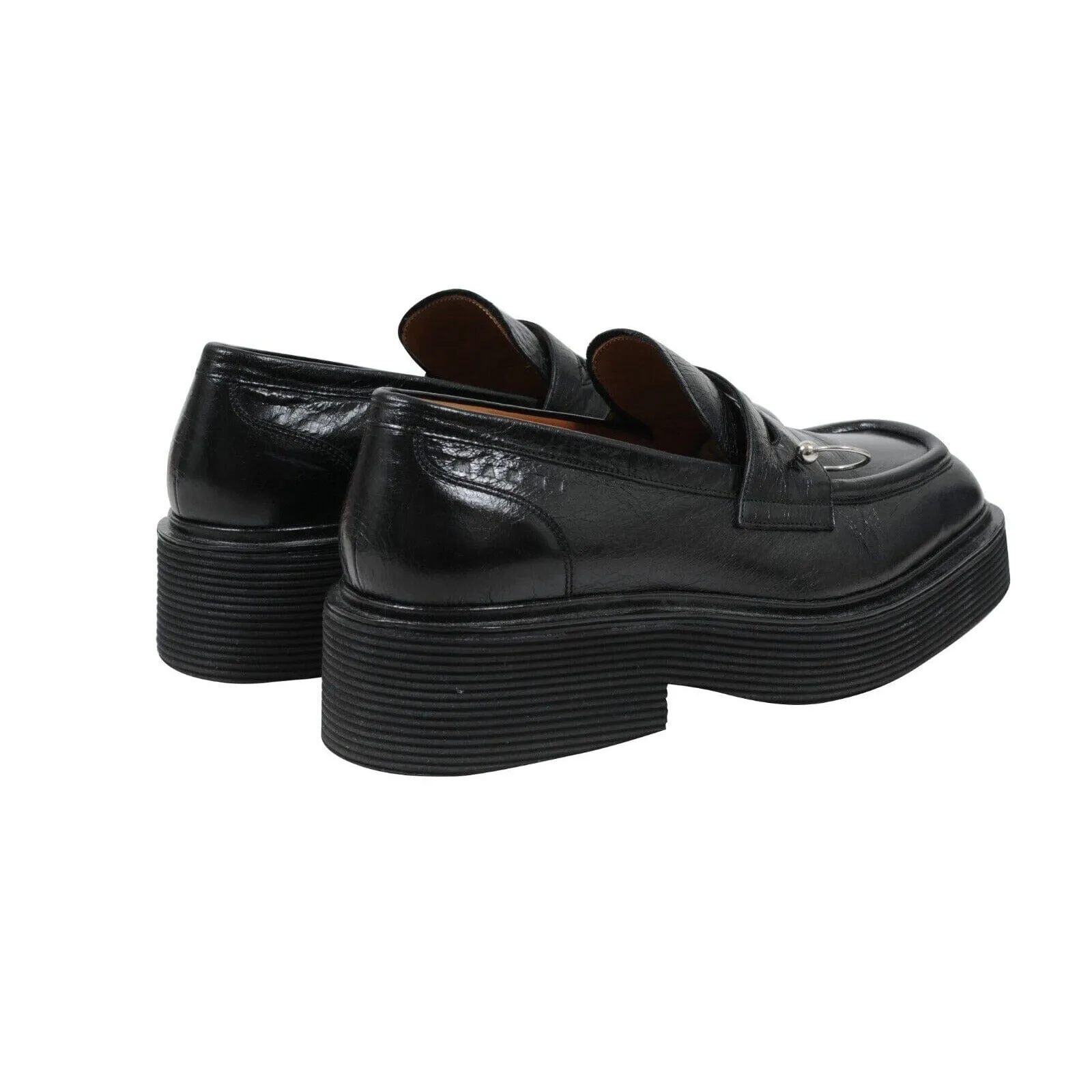 Black Leather Chunky O Ring Penny Loafers