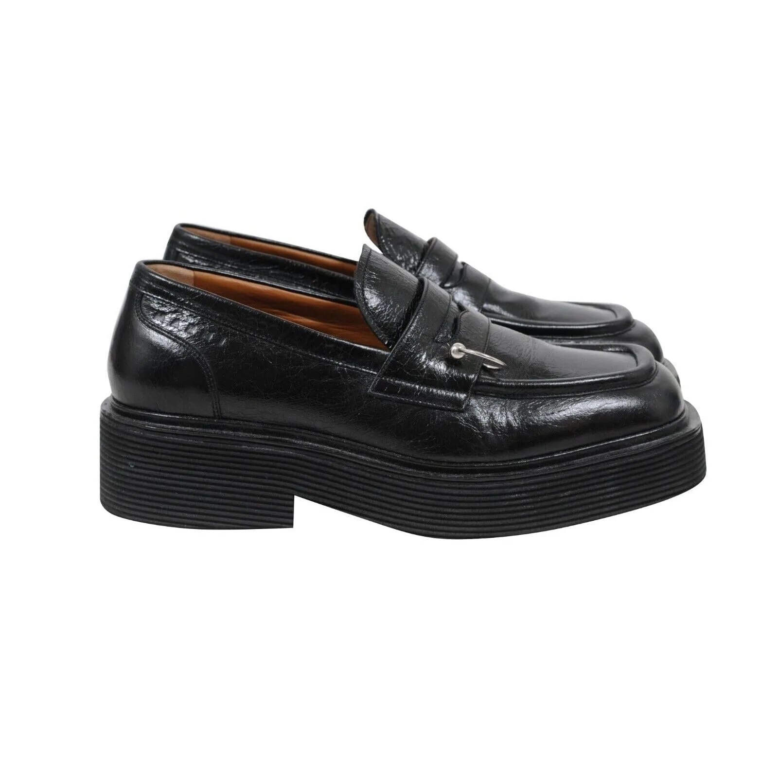 Black Leather Chunky O Ring Penny Loafers