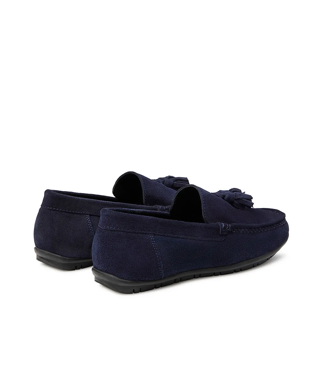 Blue suede loafer with tassels