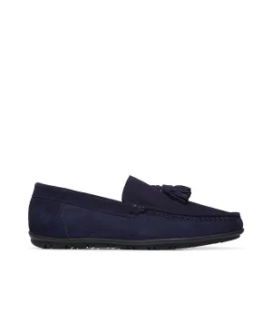 Blue suede loafer with tassels