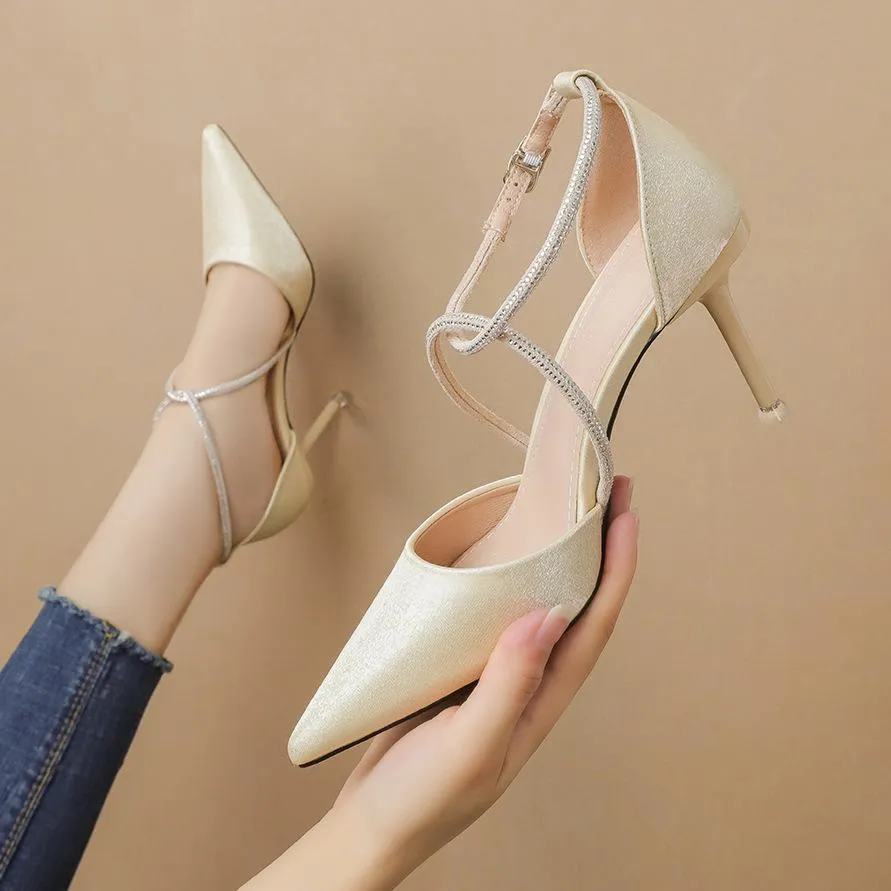 Chicvane Rhinestones Criss Cross Straps Pointed Toe Stiletto Heel Bridal Shoes