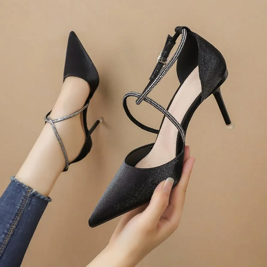Chicvane Rhinestones Criss Cross Straps Pointed Toe Stiletto Heel Bridal Shoes