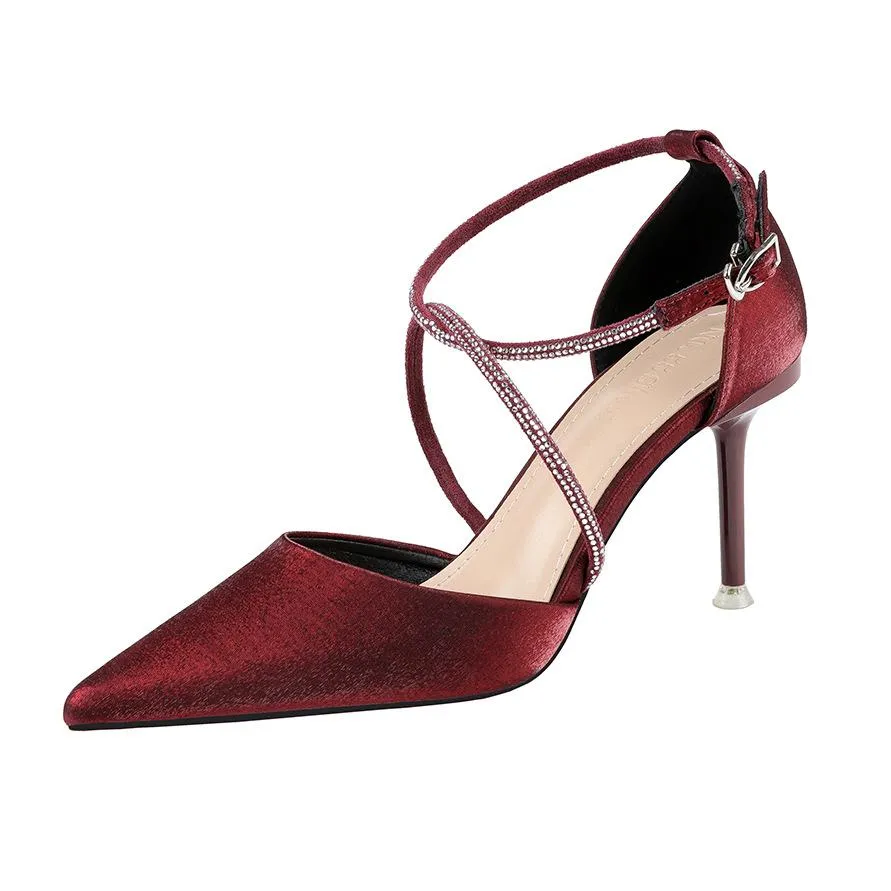 Chicvane Rhinestones Criss Cross Straps Pointed Toe Stiletto Heel Bridal Shoes