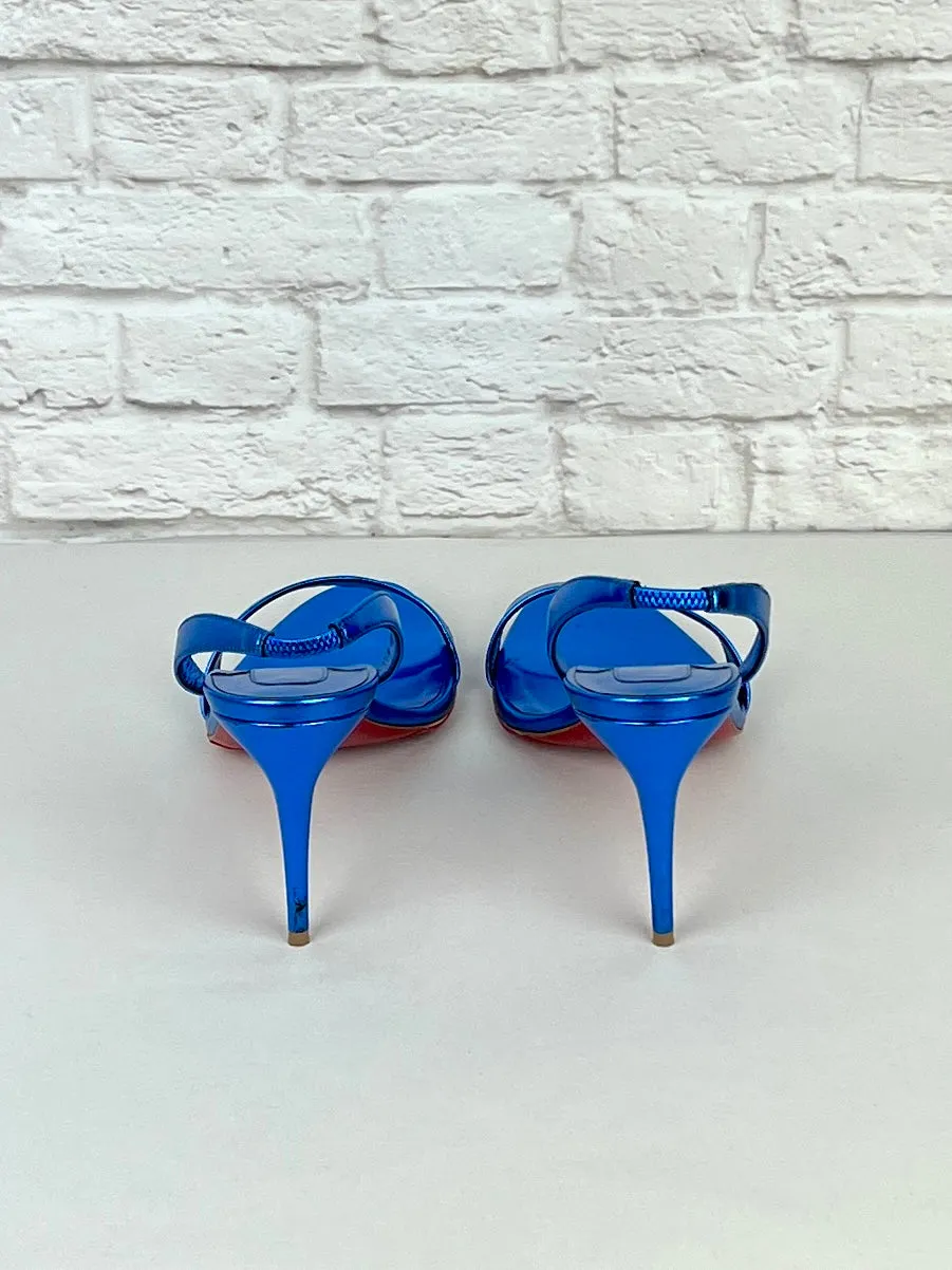 Christian Louboutin O Marylin 85 mm Sandals, Metallic Blue, Size 39.5