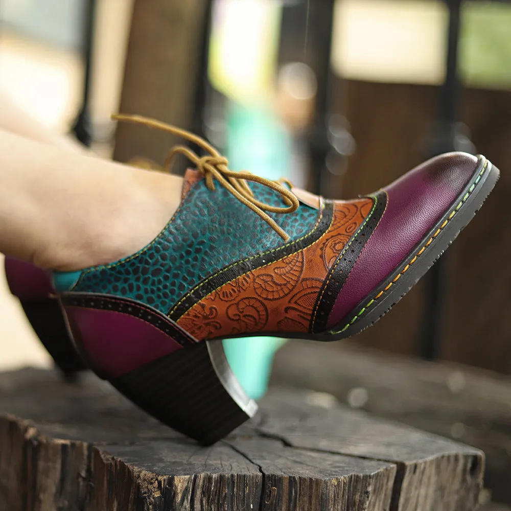 College-style Leather Contrasting Stitching Brock Print High Heels