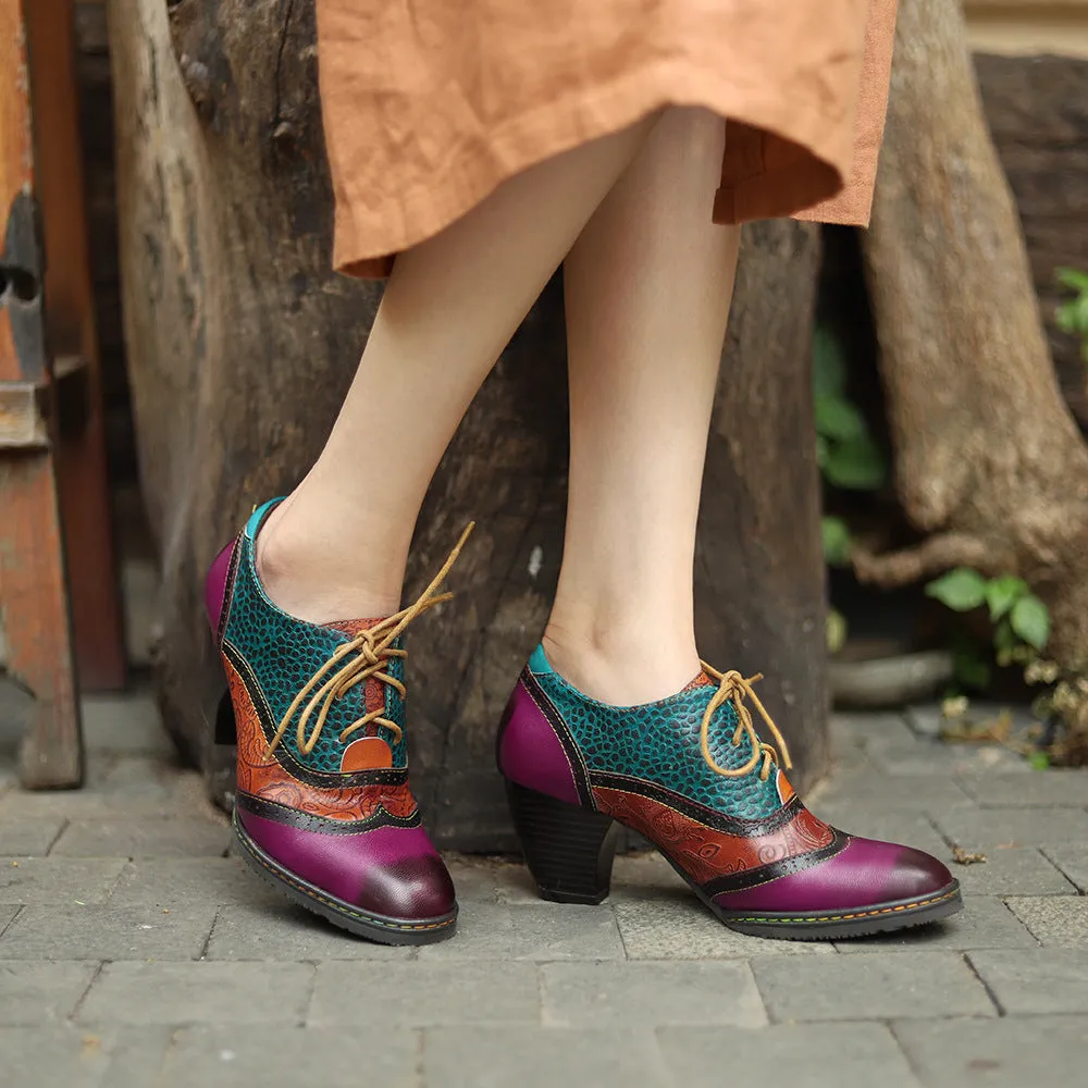 College-style Leather Contrasting Stitching Brock Print High Heels