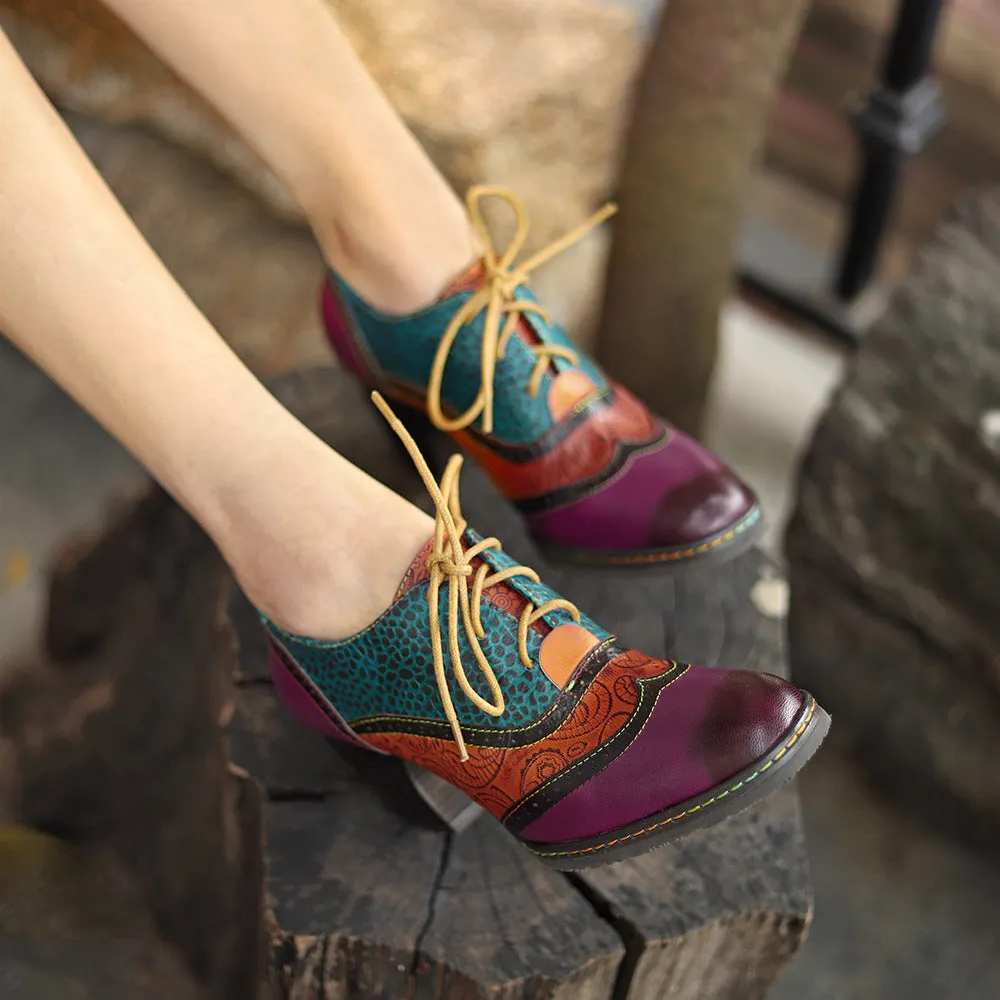 College-style Leather Contrasting Stitching Brock Print High Heels