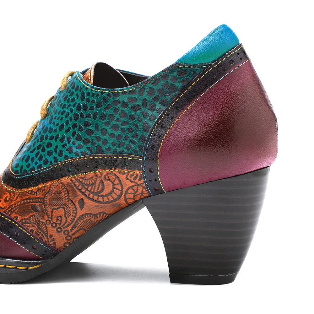 College-style Leather Contrasting Stitching Brock Print High Heels