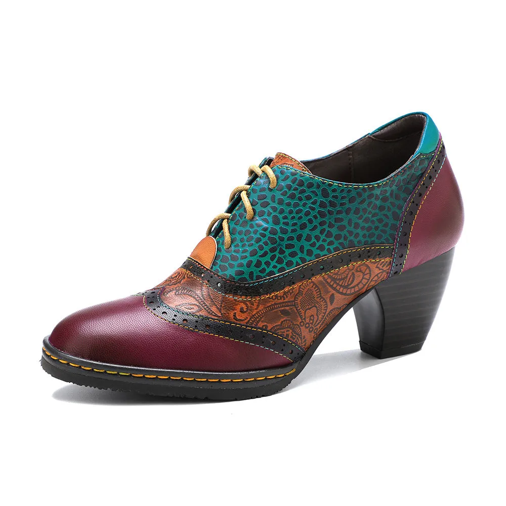 College-style Leather Contrasting Stitching Brock Print High Heels