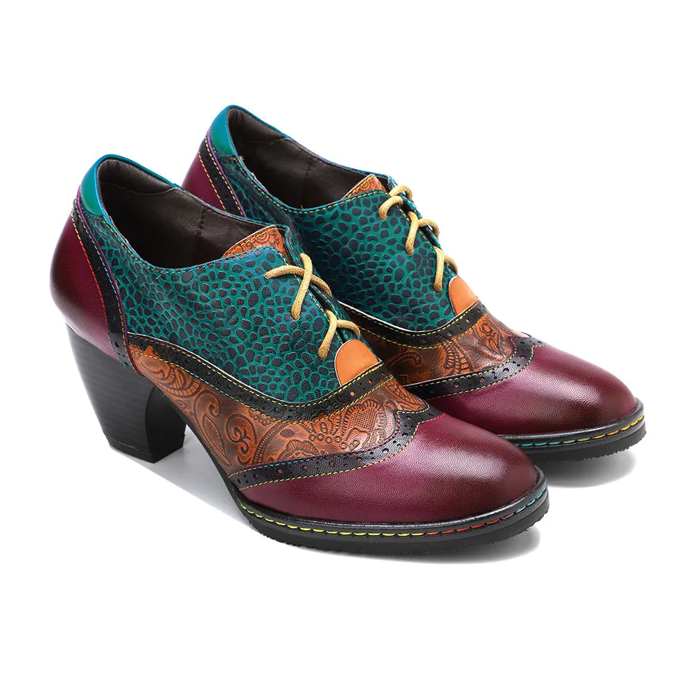College-style Leather Contrasting Stitching Brock Print High Heels