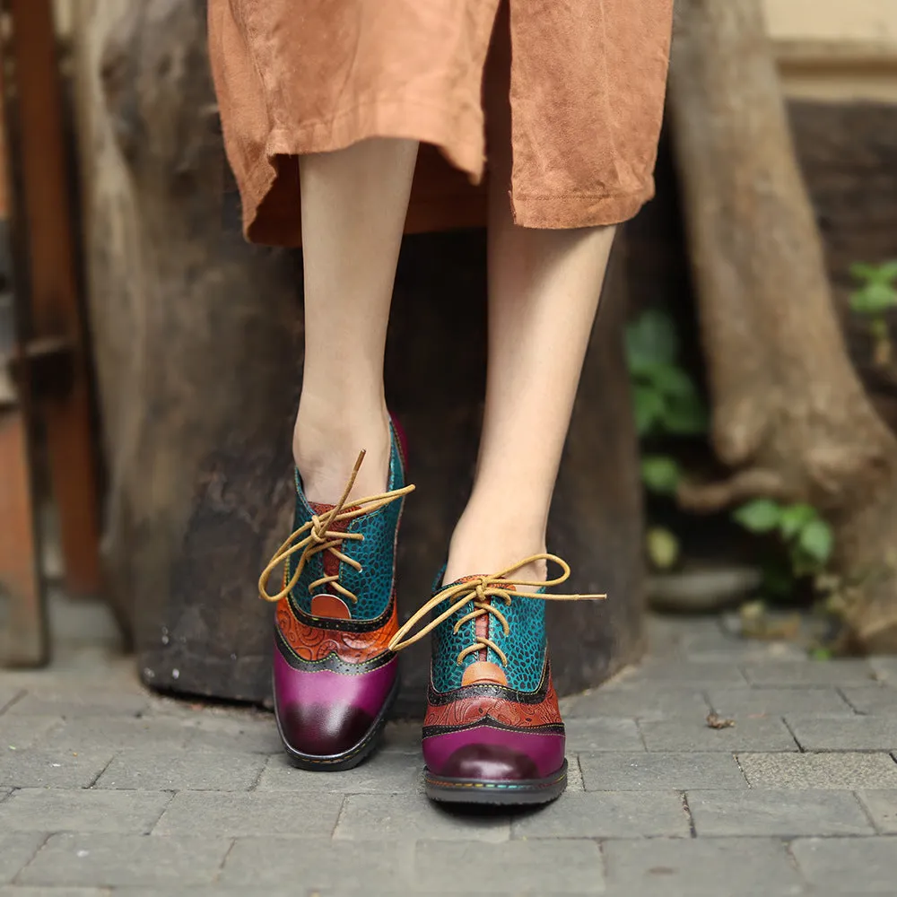 College-style Leather Contrasting Stitching Brock Print High Heels