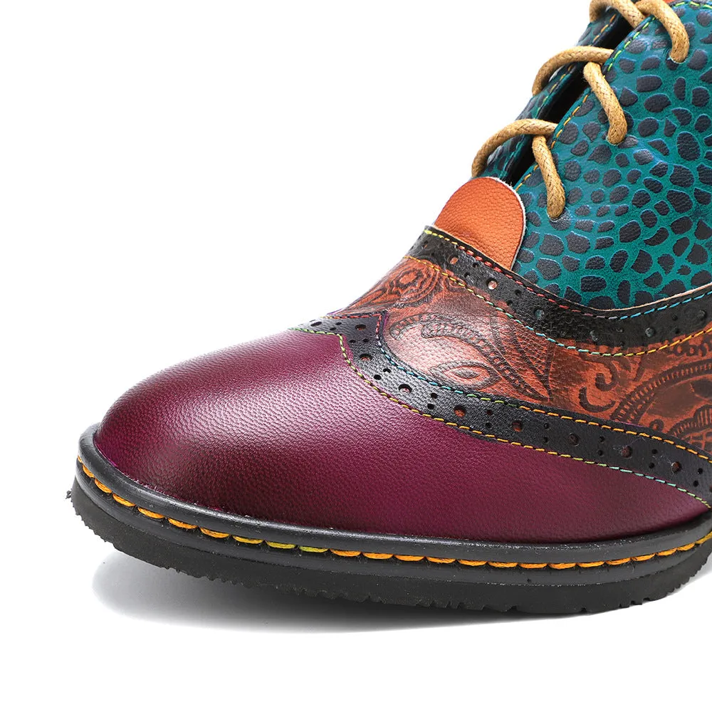 College-style Leather Contrasting Stitching Brock Print High Heels