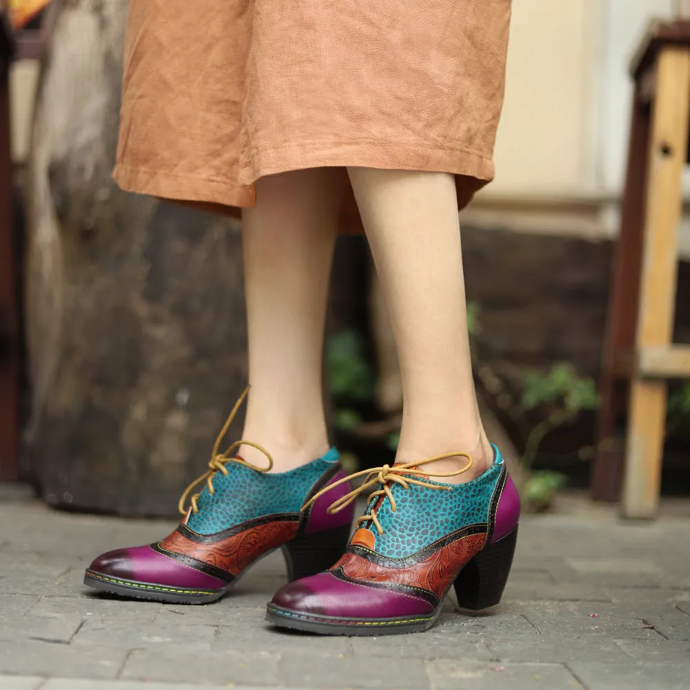 College-style Leather Contrasting Stitching Brock Print High Heels