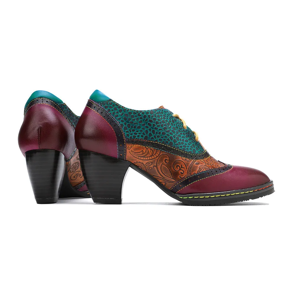 College-style Leather Contrasting Stitching Brock Print High Heels