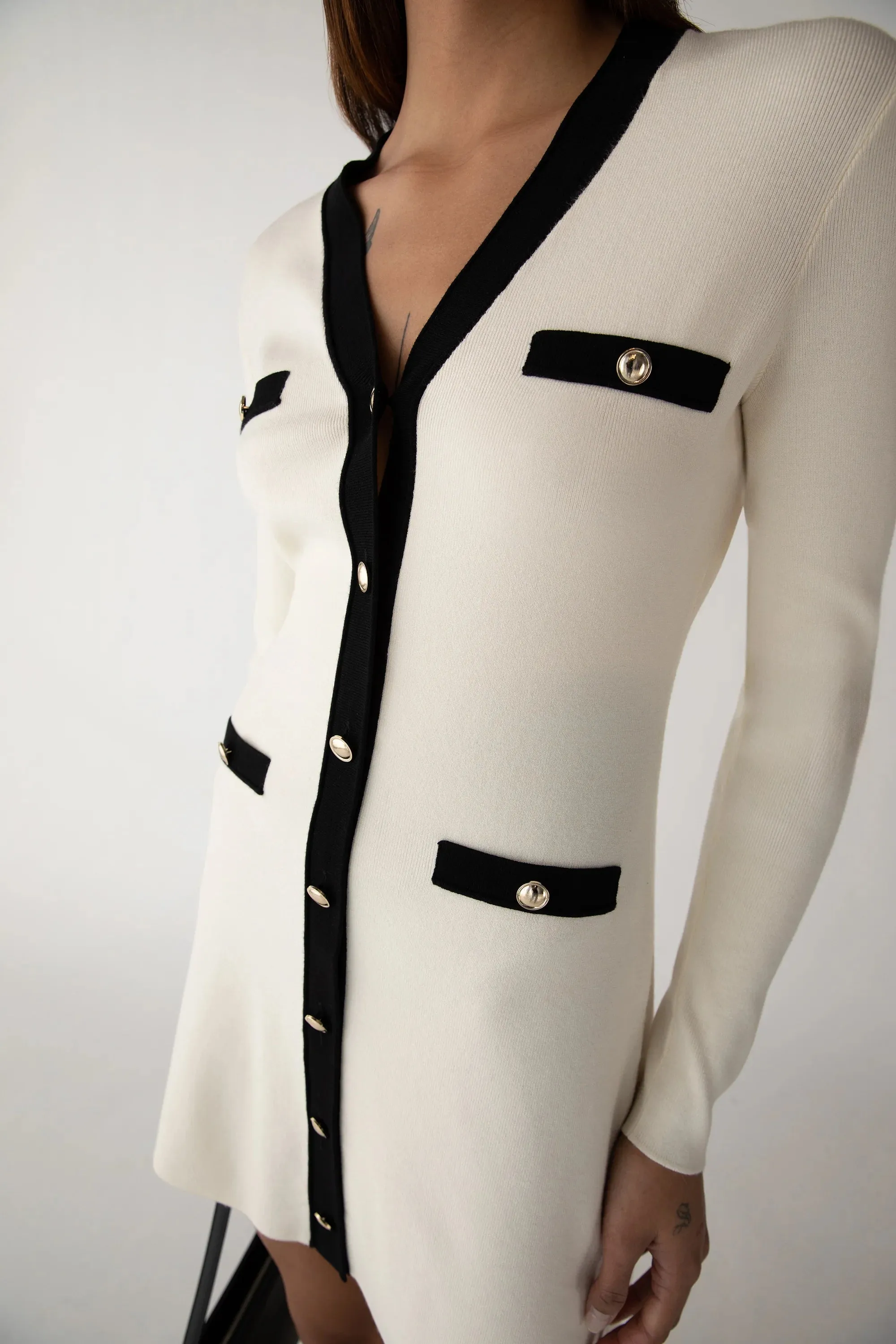Contrast Trim Button Front Knit Mini Dress