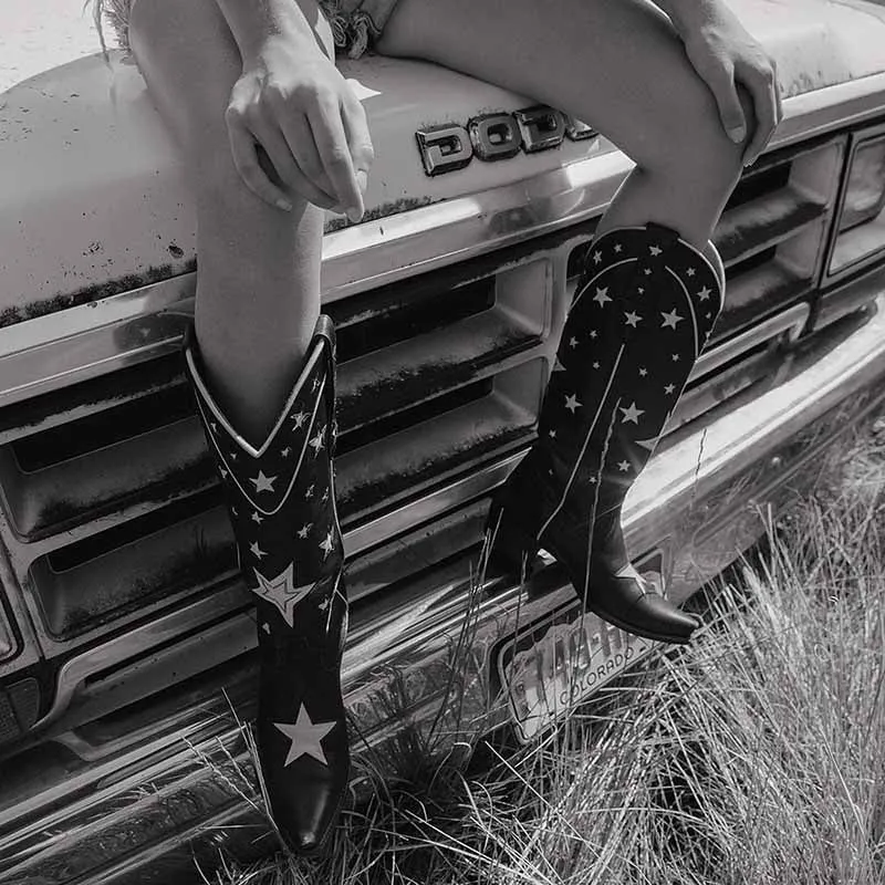 Cowboy western knee high boots Star Embroidered Cowboy Boots, Cowboy Boots With Stars