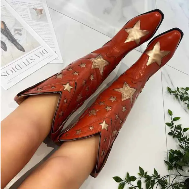 Cowboy western knee high boots Star Embroidered Cowboy Boots, Cowboy Boots With Stars