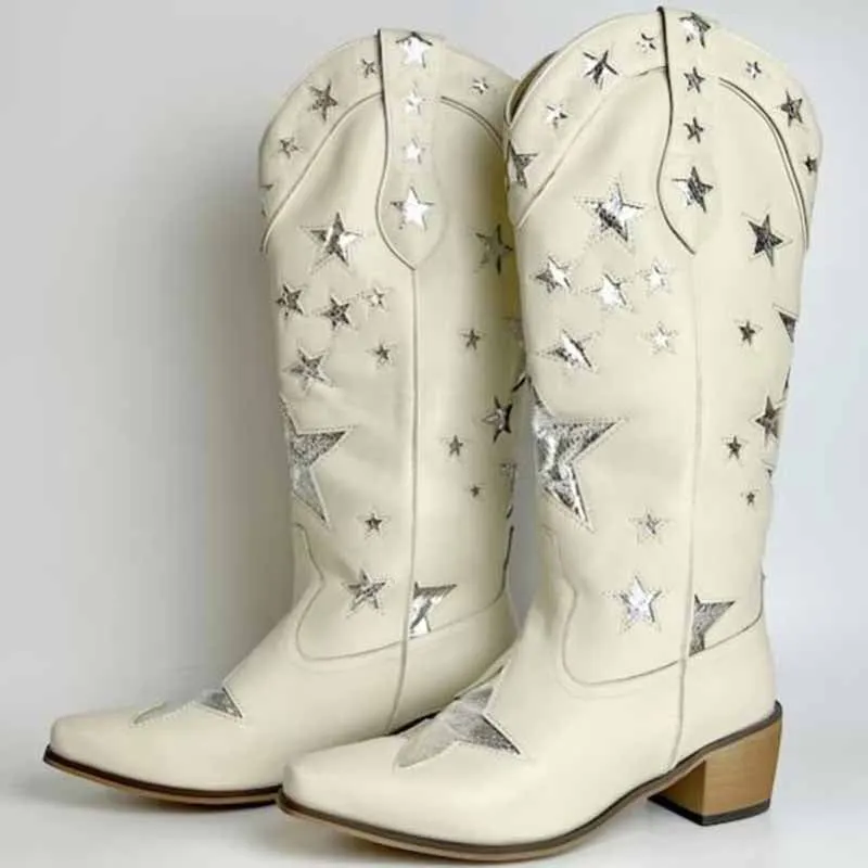 Cowboy western knee high boots Star Embroidered Cowboy Boots, Cowboy Boots With Stars