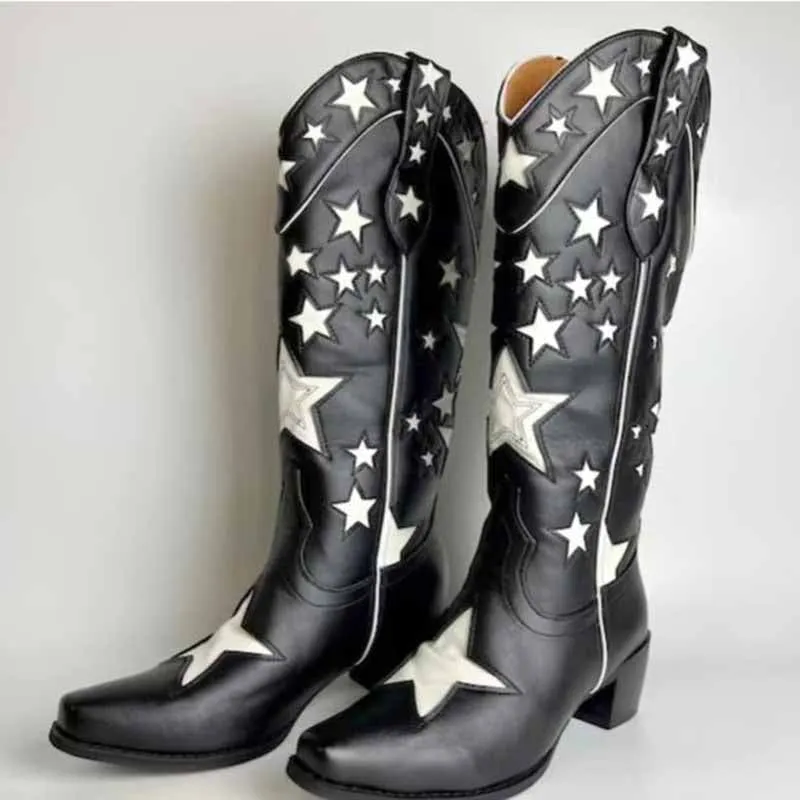Cowboy western knee high boots Star Embroidered Cowboy Boots, Cowboy Boots With Stars