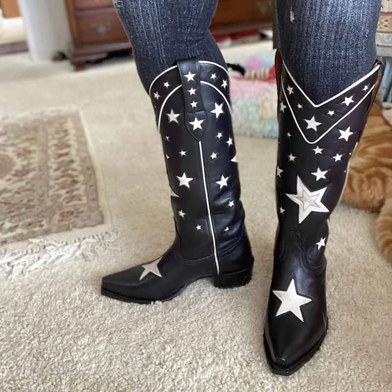 Cowboy western knee high boots Star Embroidered Cowboy Boots, Cowboy Boots With Stars